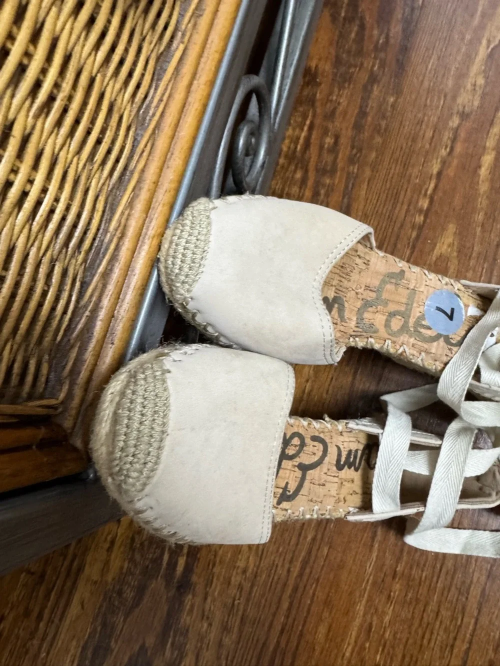 Sam Edelman Leather Beige Espadrille Wedge Sandals with Ankle Ties - Picture 4 of 6